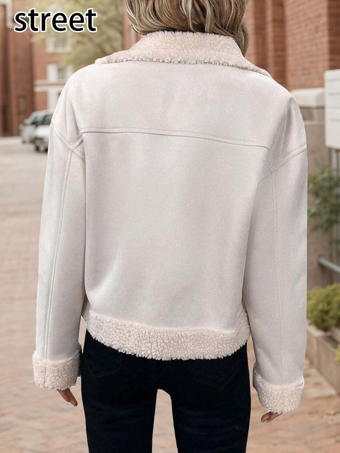 imageMina Self 2025 Winter Womens Faux Suede Sherpa Jacket Shearling Lined Fur Leather Warm Thick Fleece Fuzzy OuterwearWhite