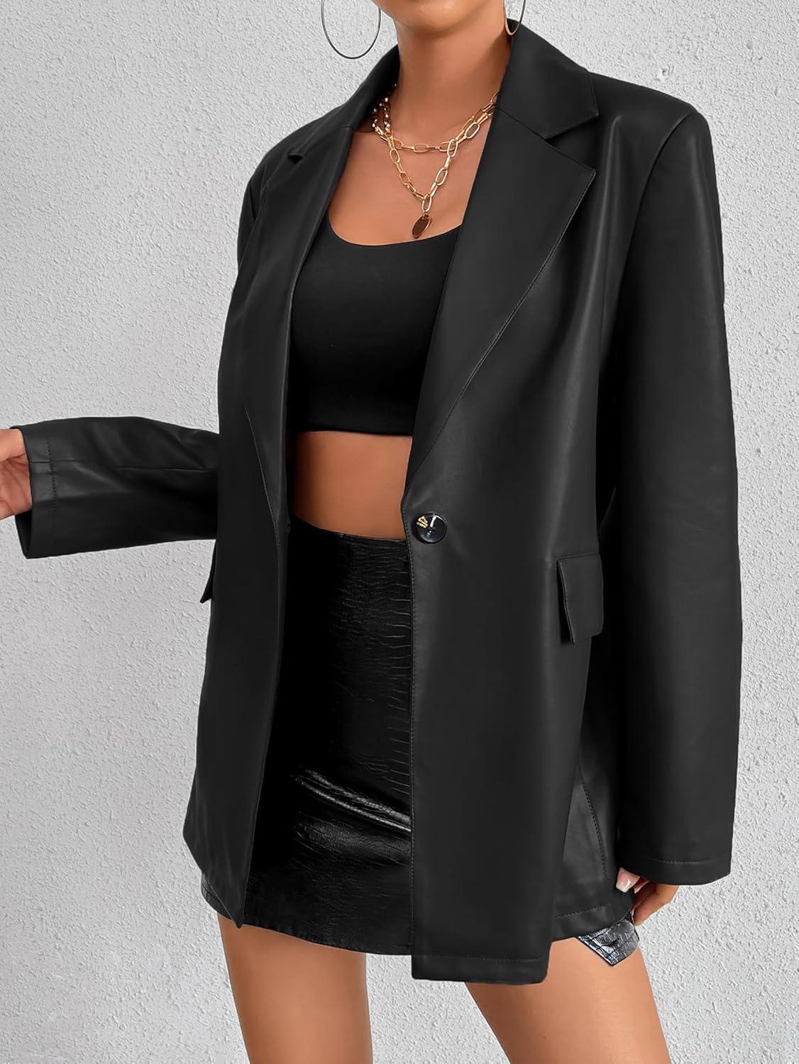 imageMuzly Womens Faux Leather Blazer Jacket Moto Biker Coat Long Sleeves Button Fashion CoatsBlack