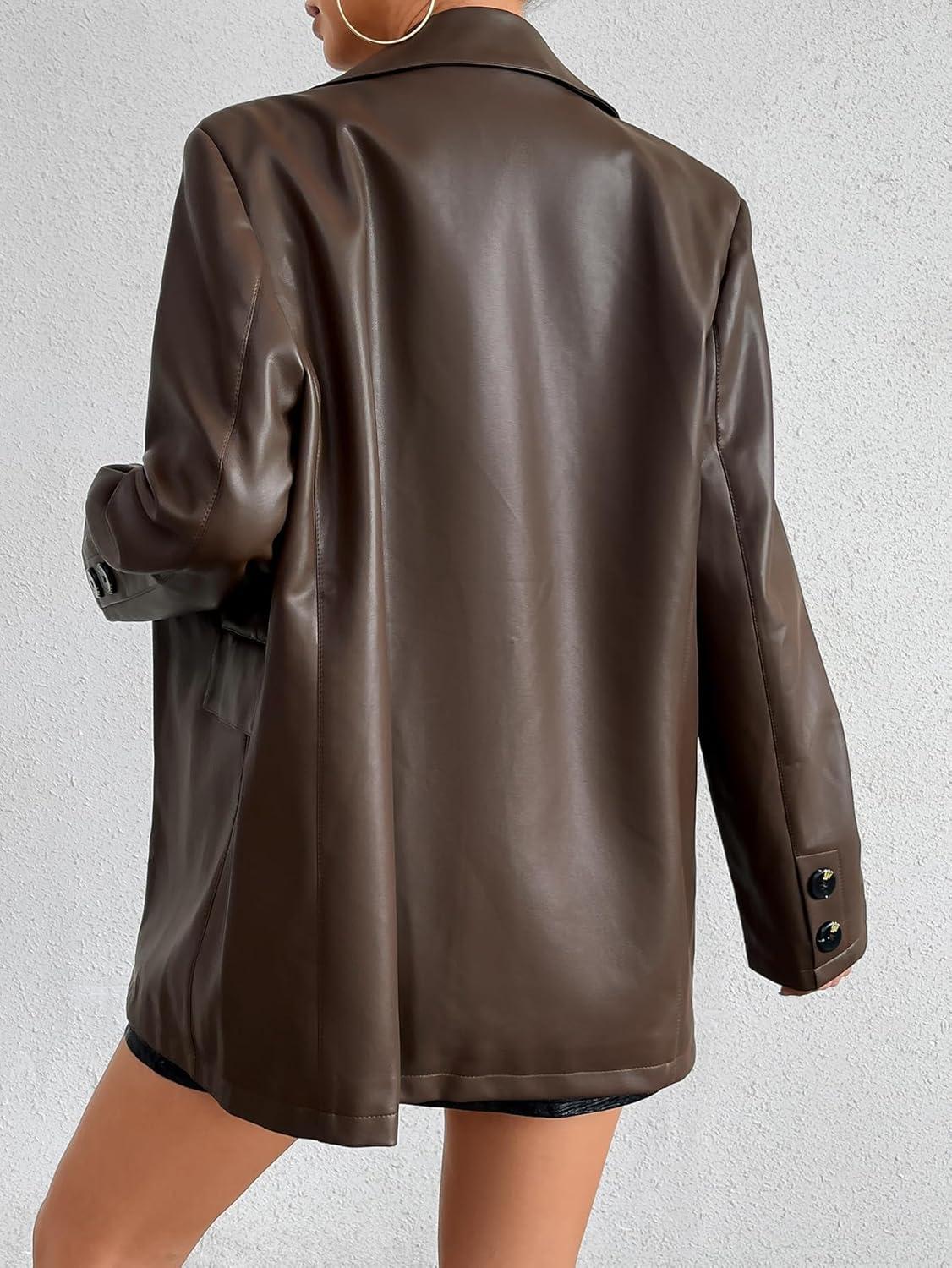 imageMuzly Womens Faux Leather Blazer Jacket Moto Biker Coat Long Sleeves Button Fashion CoatsBrown