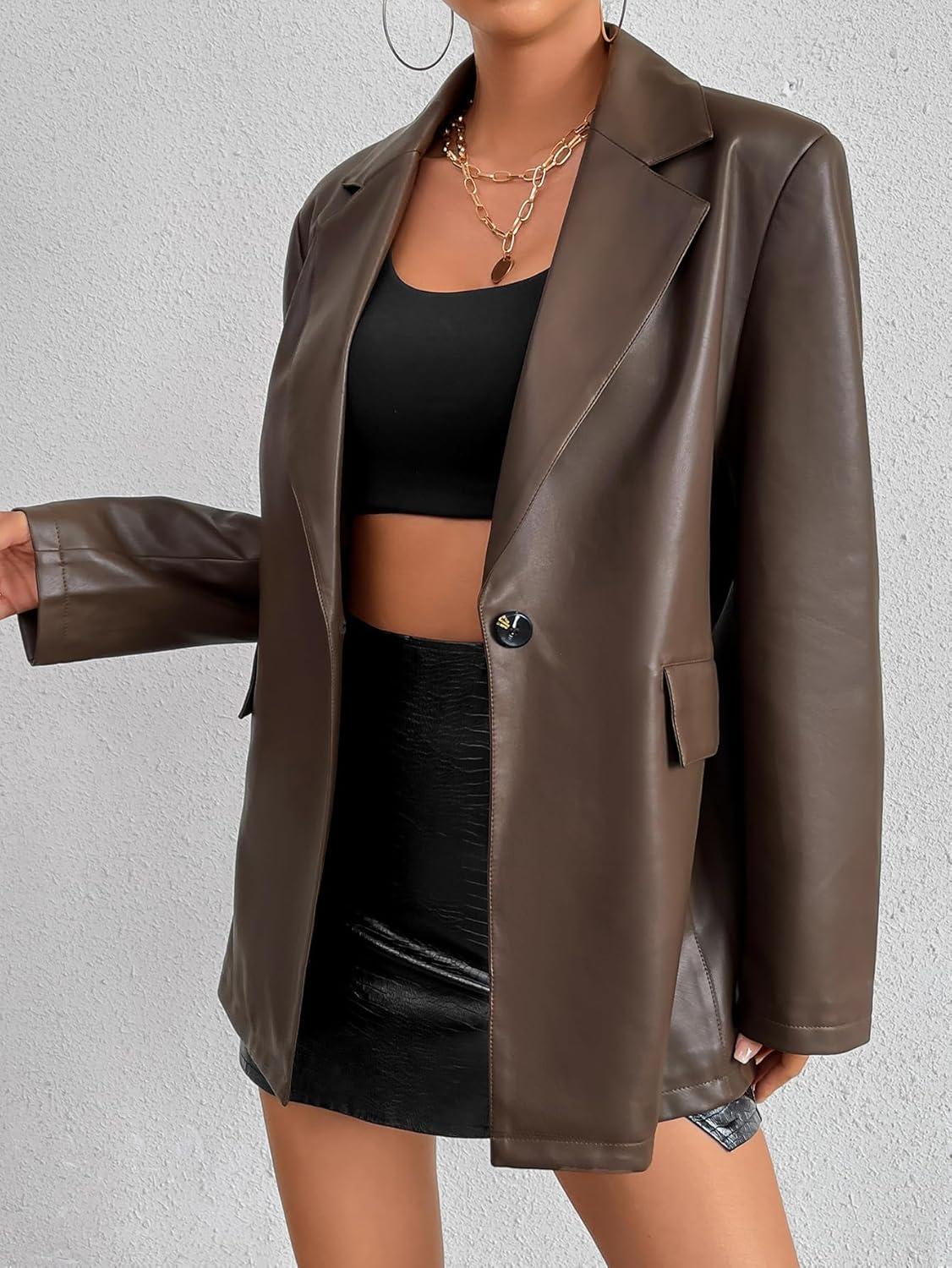 imageMuzly Womens Faux Leather Blazer Jacket Moto Biker Coat Long Sleeves Button Fashion CoatsBrown