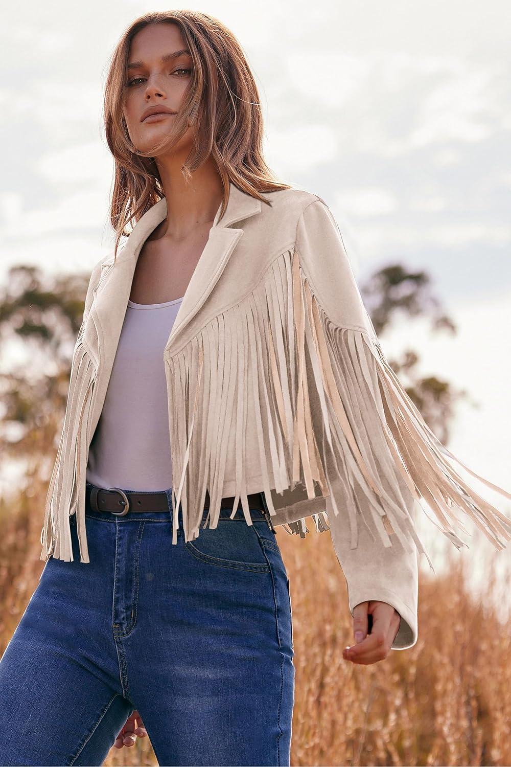 imagePRETTYGARDEN Womens Fringe Faux Suede Leather Jackets Fall Fashion 2026 Tassel Motorcycle Cropped CoatsBeige Apricot