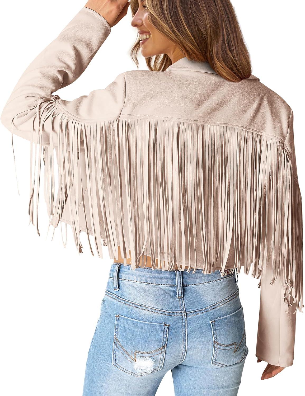 imagePRETTYGARDEN Womens Fringe Faux Suede Leather Jackets Fall Fashion 2026 Tassel Motorcycle Cropped CoatsBeige Apricot