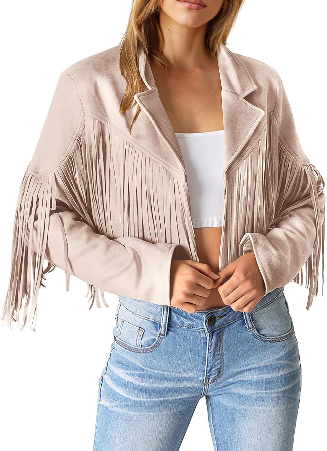 imagePRETTYGARDEN Womens Fringe Faux Suede Leather Jackets Fall Fashion 2026 Tassel Motorcycle Cropped CoatsBeige Apricot
