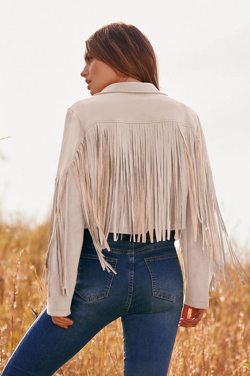 imagePRETTYGARDEN Womens Fringe Faux Suede Leather Jackets Fall Fashion 2026 Tassel Motorcycle Cropped CoatsBeige Apricot