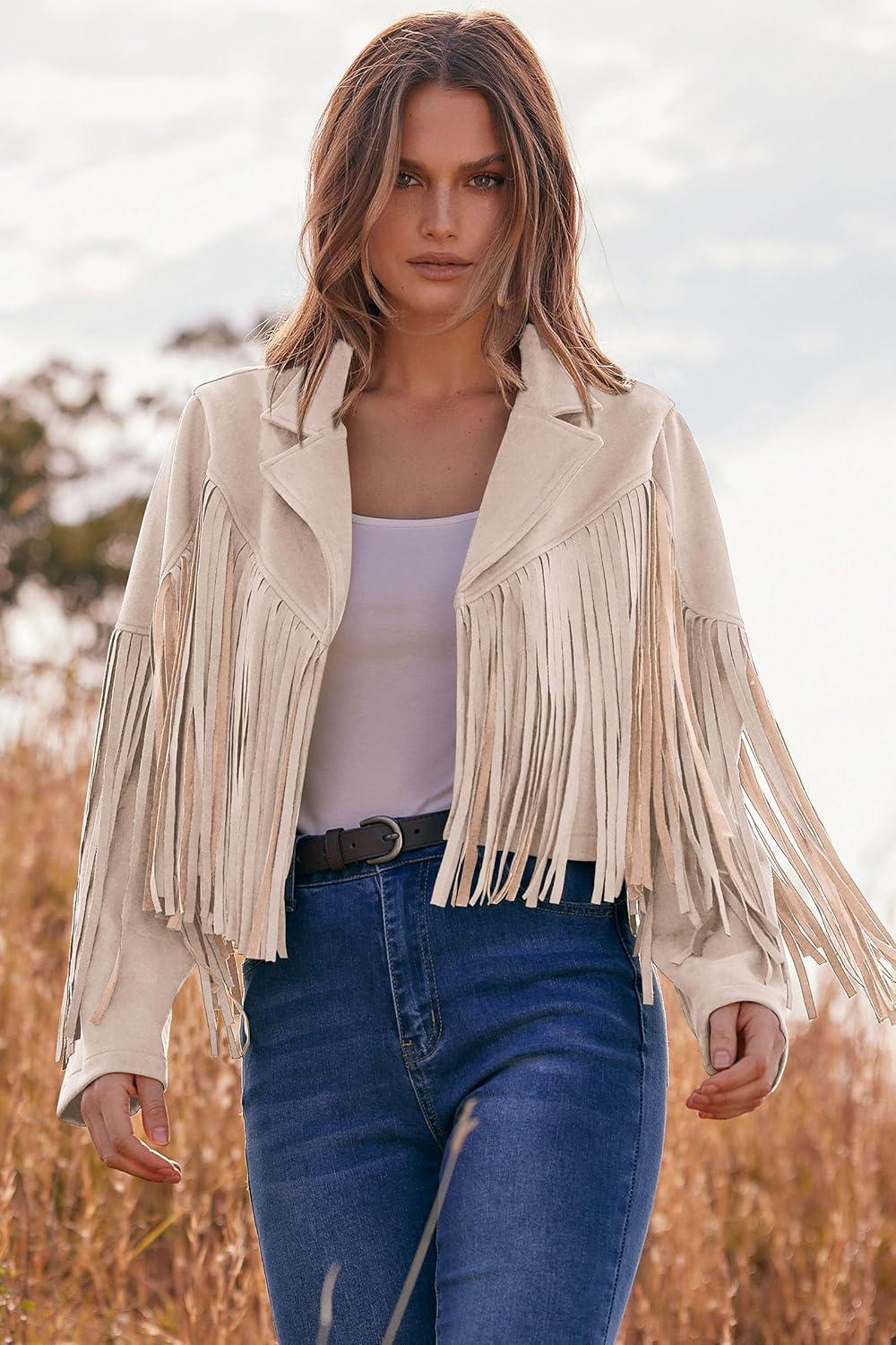 imagePRETTYGARDEN Womens Fringe Faux Suede Leather Jackets Fall Fashion 2026 Tassel Motorcycle Cropped CoatsBeige Apricot