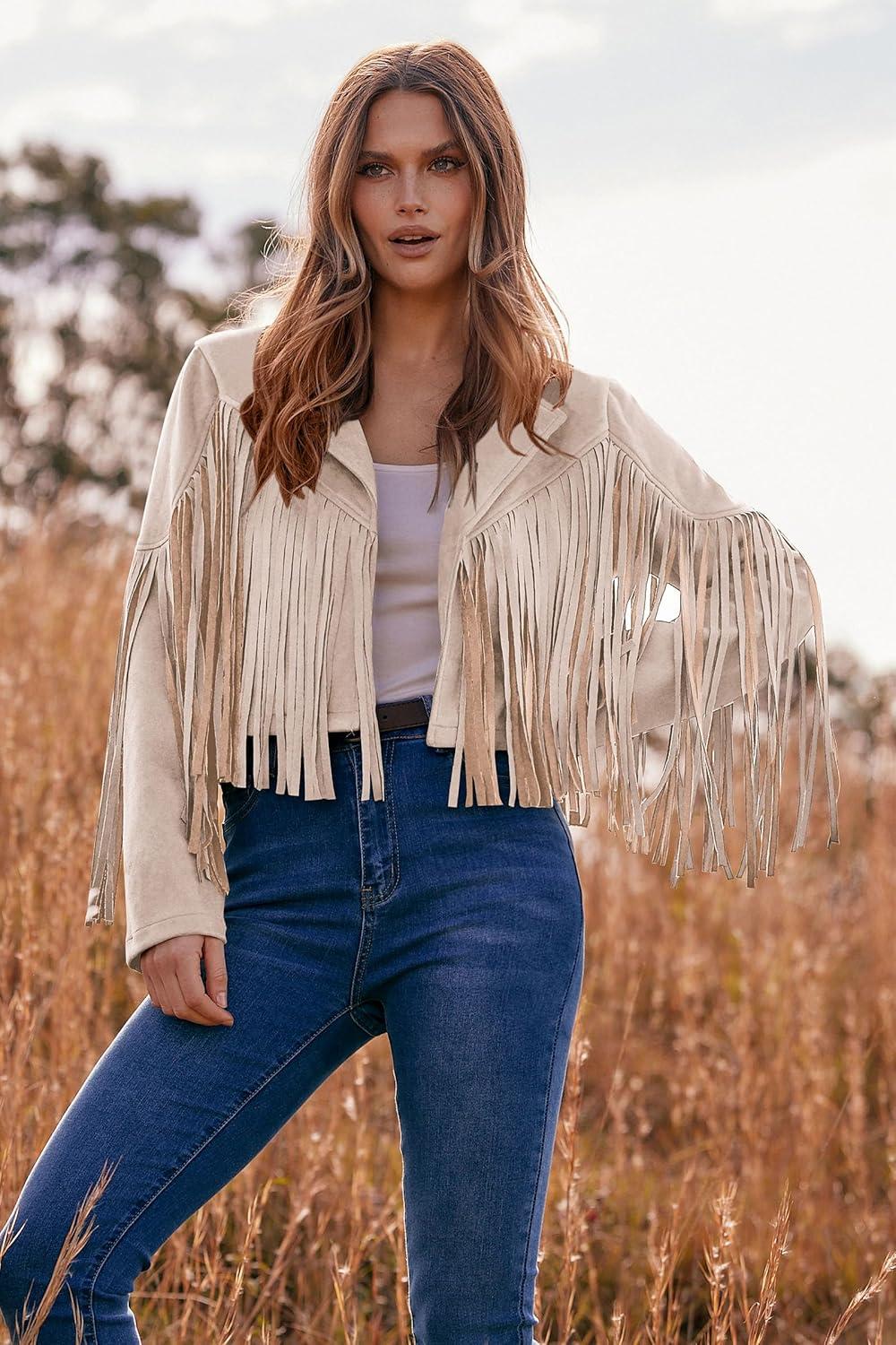 imagePRETTYGARDEN Womens Fringe Faux Suede Leather Jackets Fall Fashion 2026 Tassel Motorcycle Cropped CoatsBeige Apricot