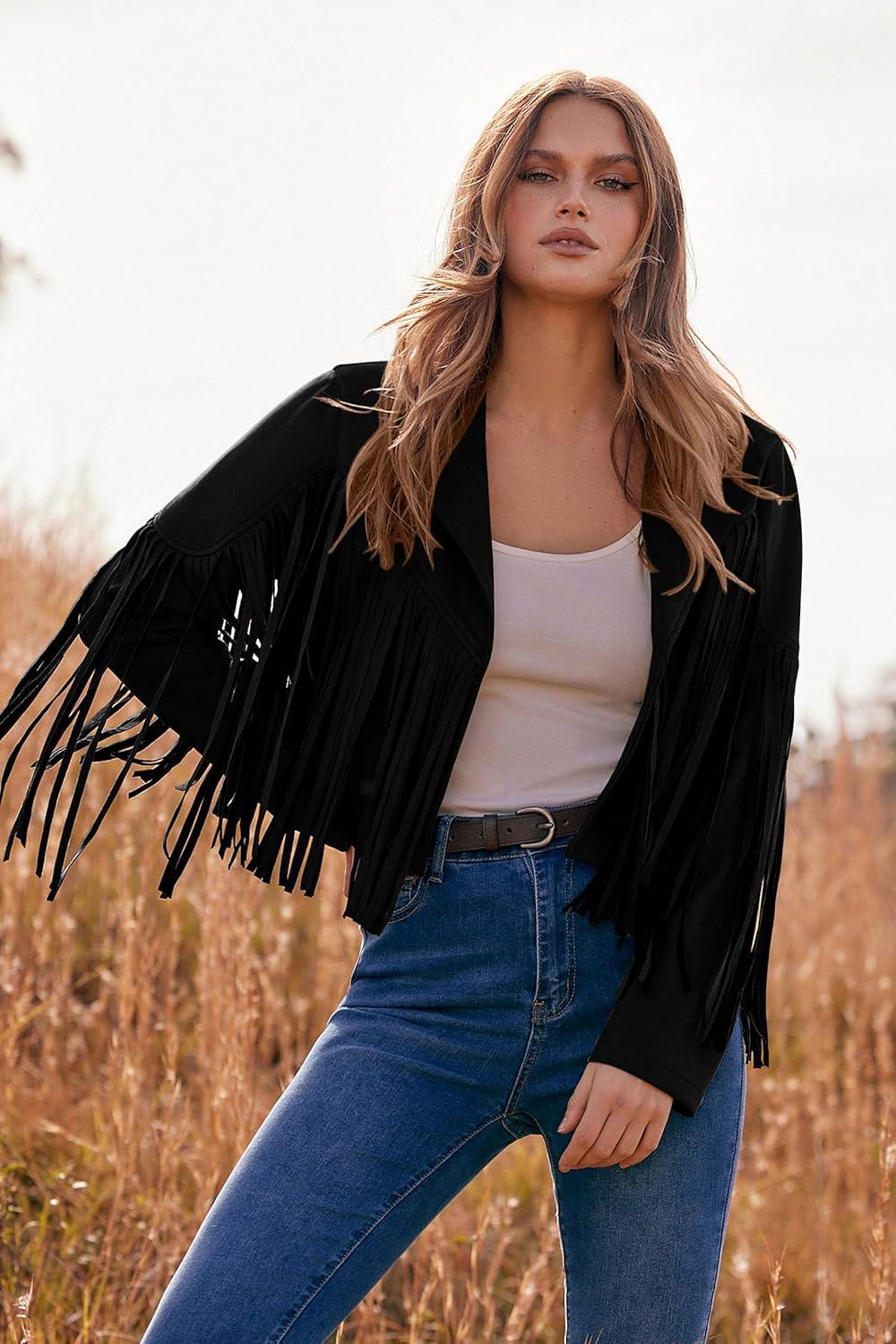 imagePRETTYGARDEN Womens Fringe Faux Suede Leather Jackets Fall Fashion 2026 Tassel Motorcycle Cropped CoatsBlack