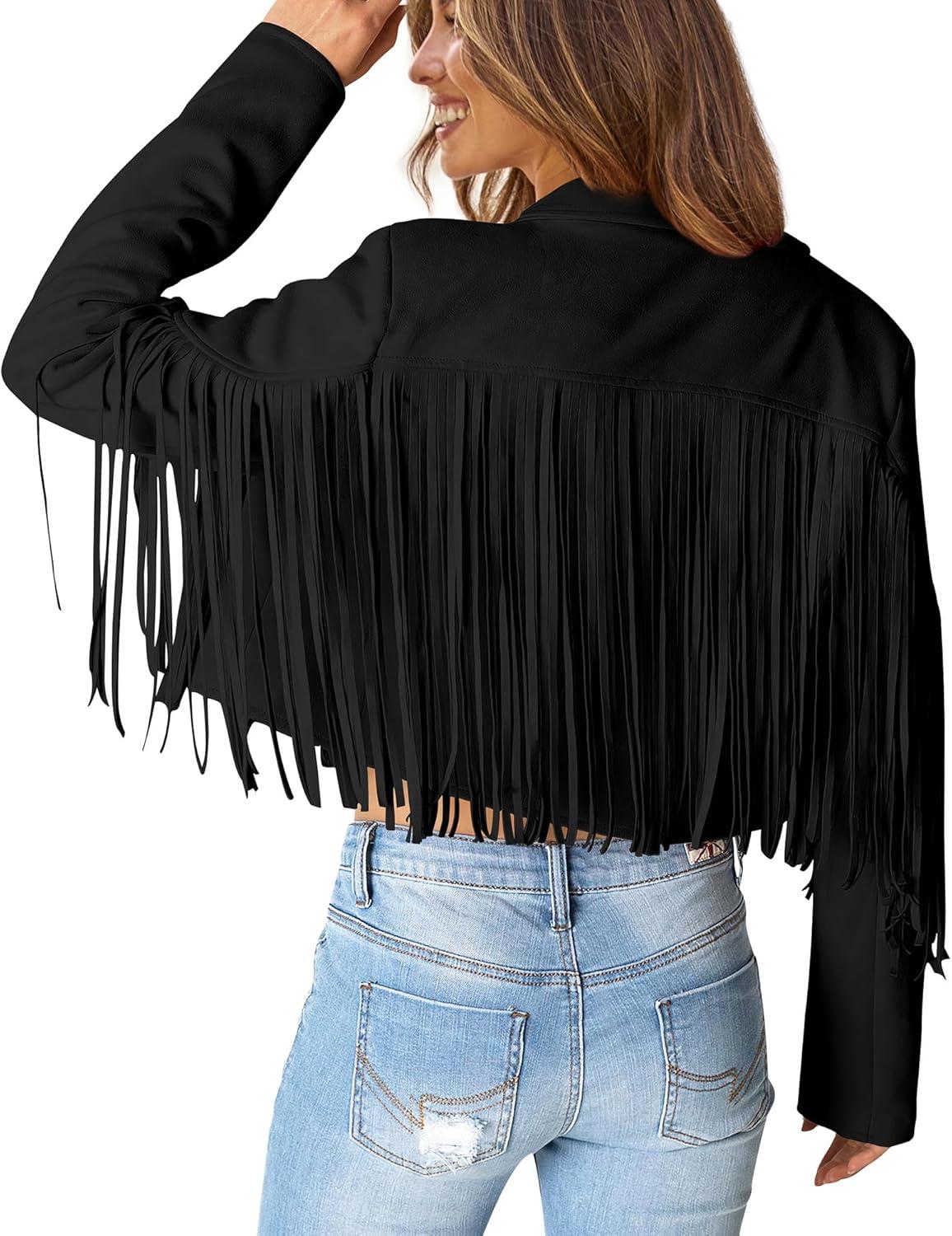 imagePRETTYGARDEN Womens Fringe Faux Suede Leather Jackets Fall Fashion 2026 Tassel Motorcycle Cropped CoatsBlack
