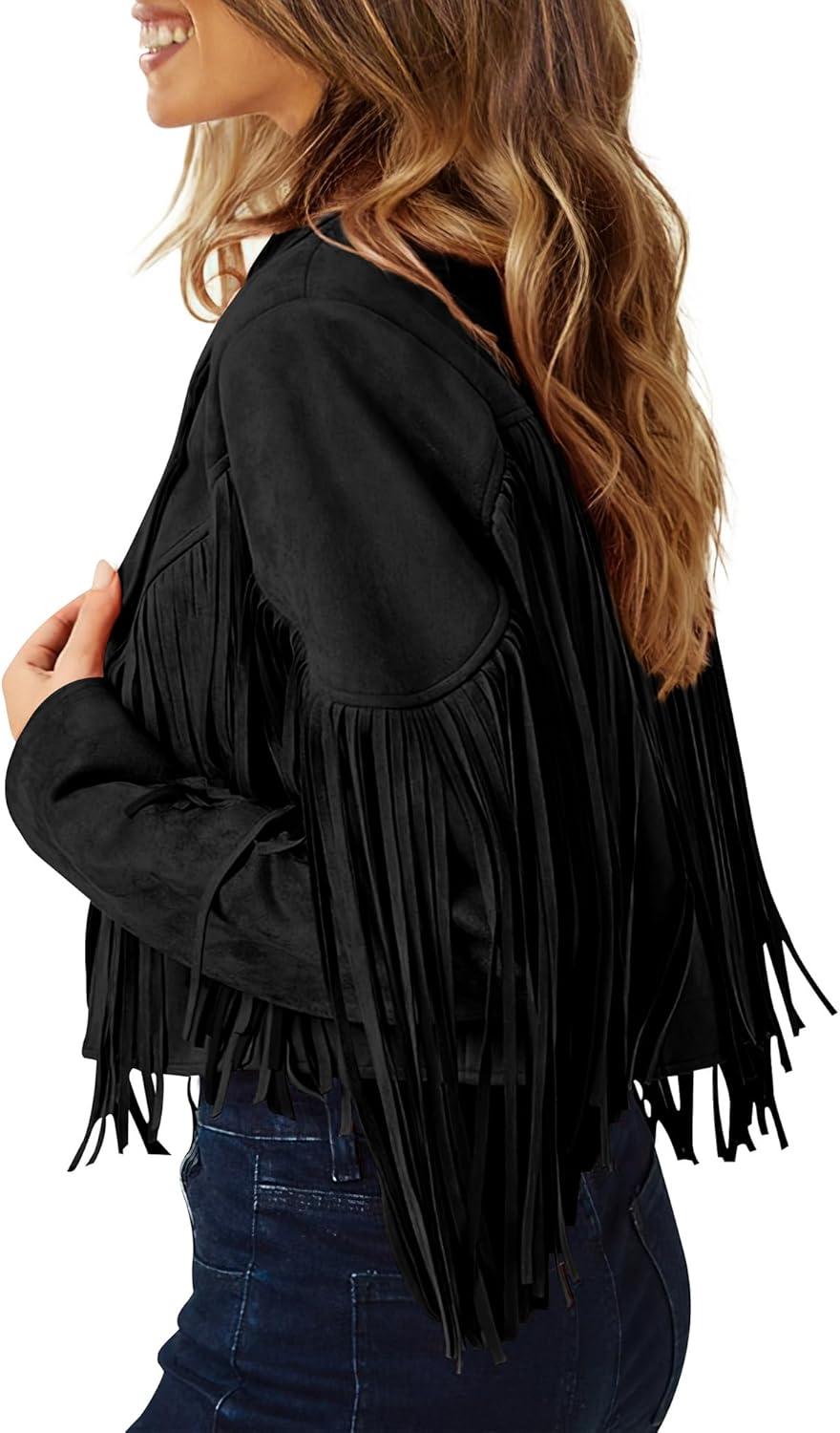 imagePRETTYGARDEN Womens Fringe Faux Suede Leather Jackets Fall Fashion 2026 Tassel Motorcycle Cropped CoatsBlack