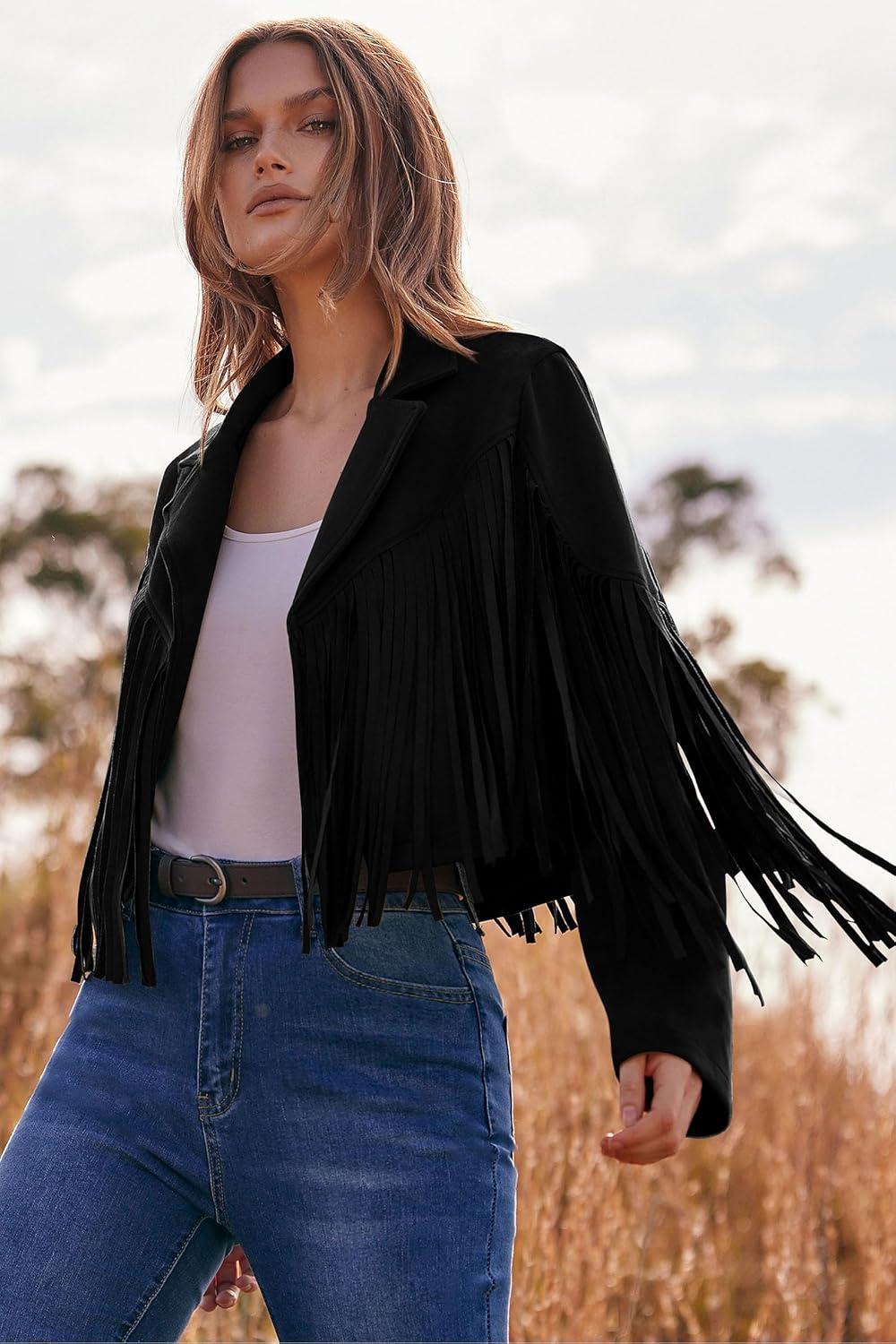imagePRETTYGARDEN Womens Fringe Faux Suede Leather Jackets Fall Fashion 2026 Tassel Motorcycle Cropped CoatsBlack
