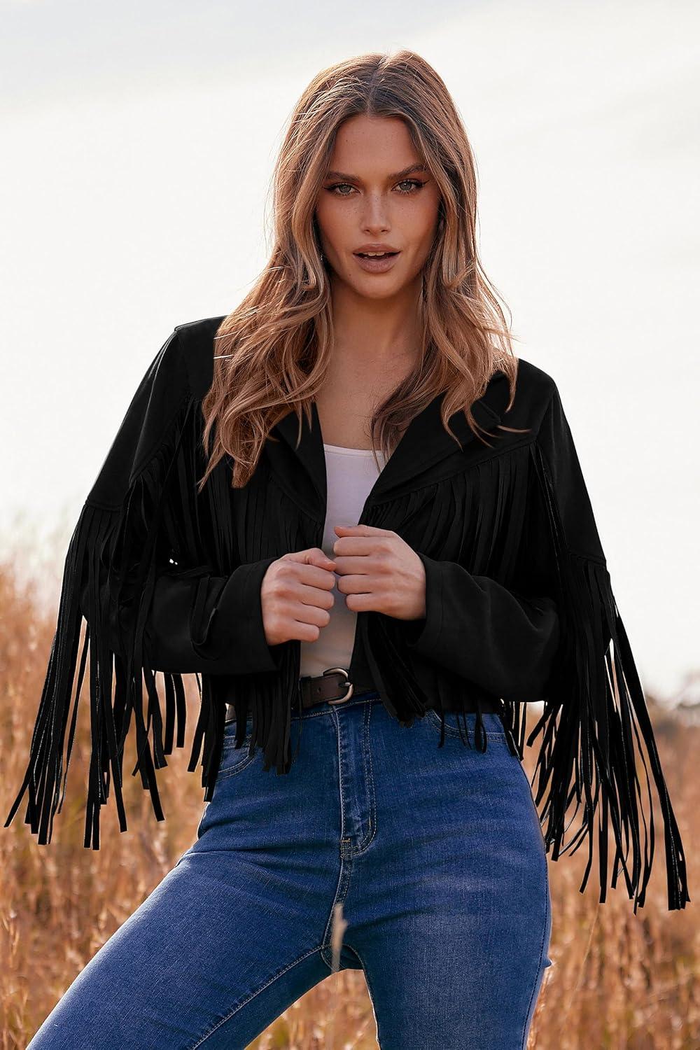 imagePRETTYGARDEN Womens Fringe Faux Suede Leather Jackets Fall Fashion 2026 Tassel Motorcycle Cropped CoatsBlack