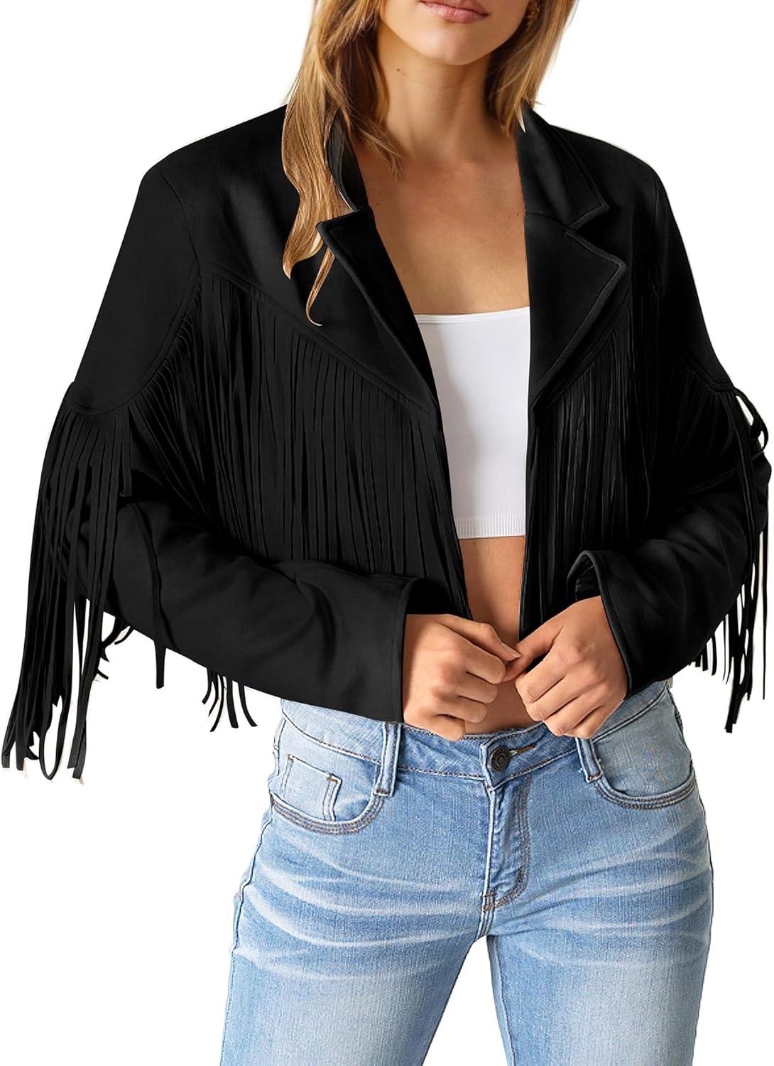 imagePRETTYGARDEN Womens Fringe Faux Suede Leather Jackets Fall Fashion 2026 Tassel Motorcycle Cropped CoatsBlack