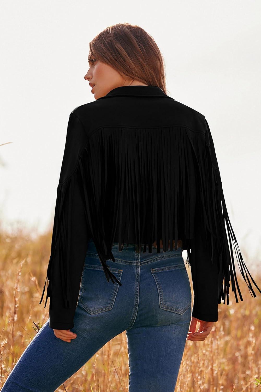 imagePRETTYGARDEN Womens Fringe Faux Suede Leather Jackets Fall Fashion 2026 Tassel Motorcycle Cropped CoatsBlack