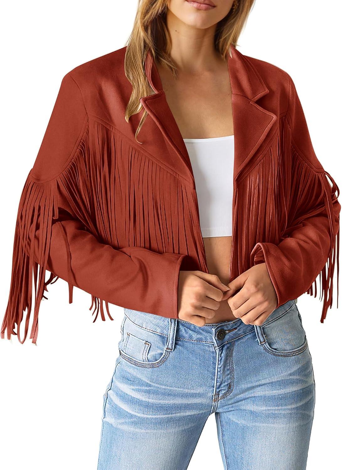 imagePRETTYGARDEN Womens Fringe Faux Suede Leather Jackets Fall Fashion 2026 Tassel Motorcycle Cropped CoatsBrick Red