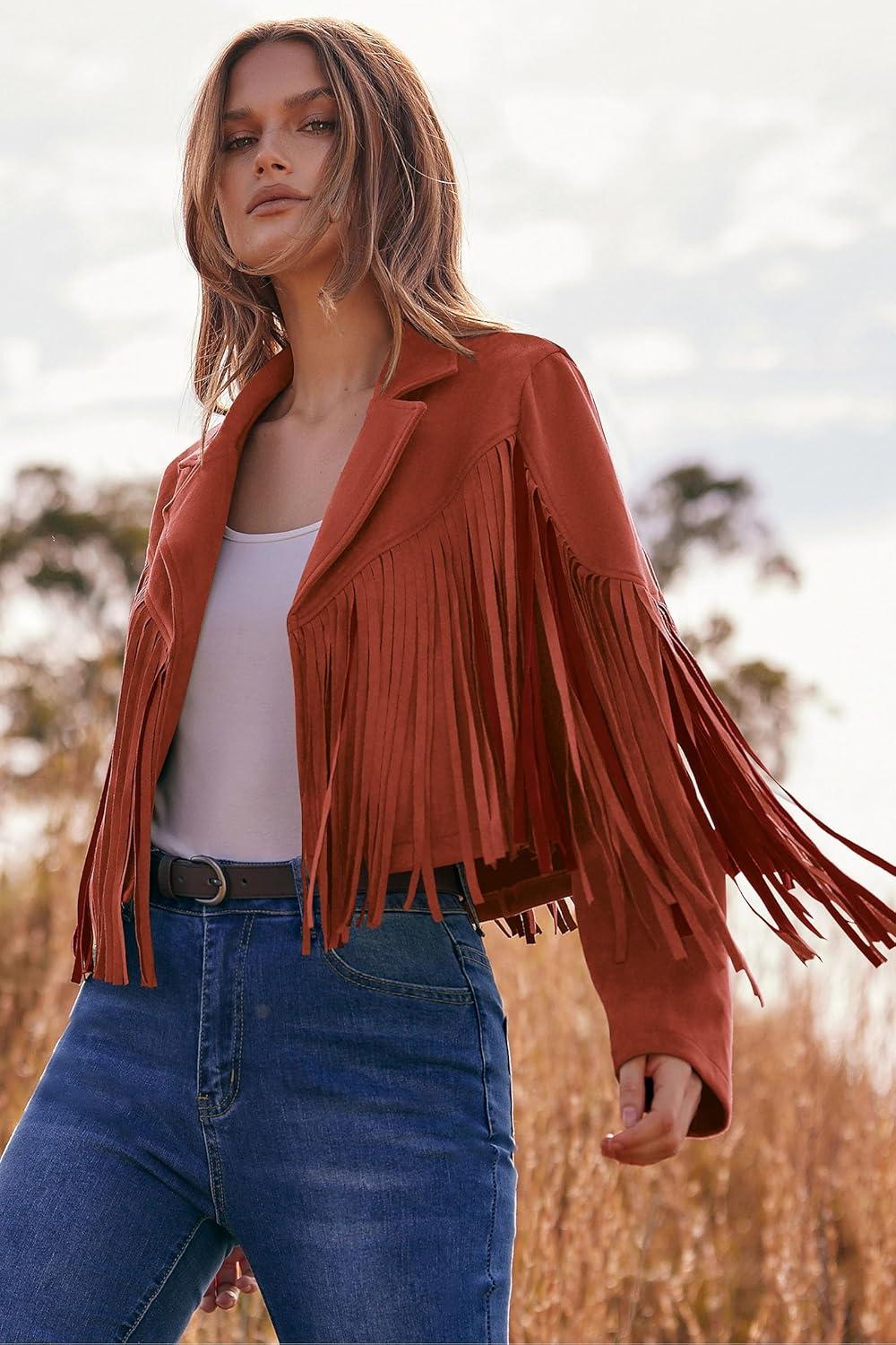 imagePRETTYGARDEN Womens Fringe Faux Suede Leather Jackets Fall Fashion 2026 Tassel Motorcycle Cropped CoatsBrick Red