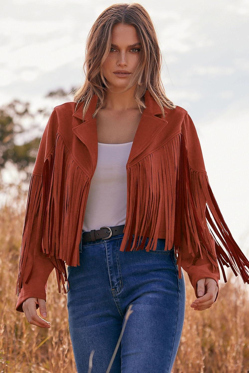 imagePRETTYGARDEN Womens Fringe Faux Suede Leather Jackets Fall Fashion 2026 Tassel Motorcycle Cropped CoatsBrick Red