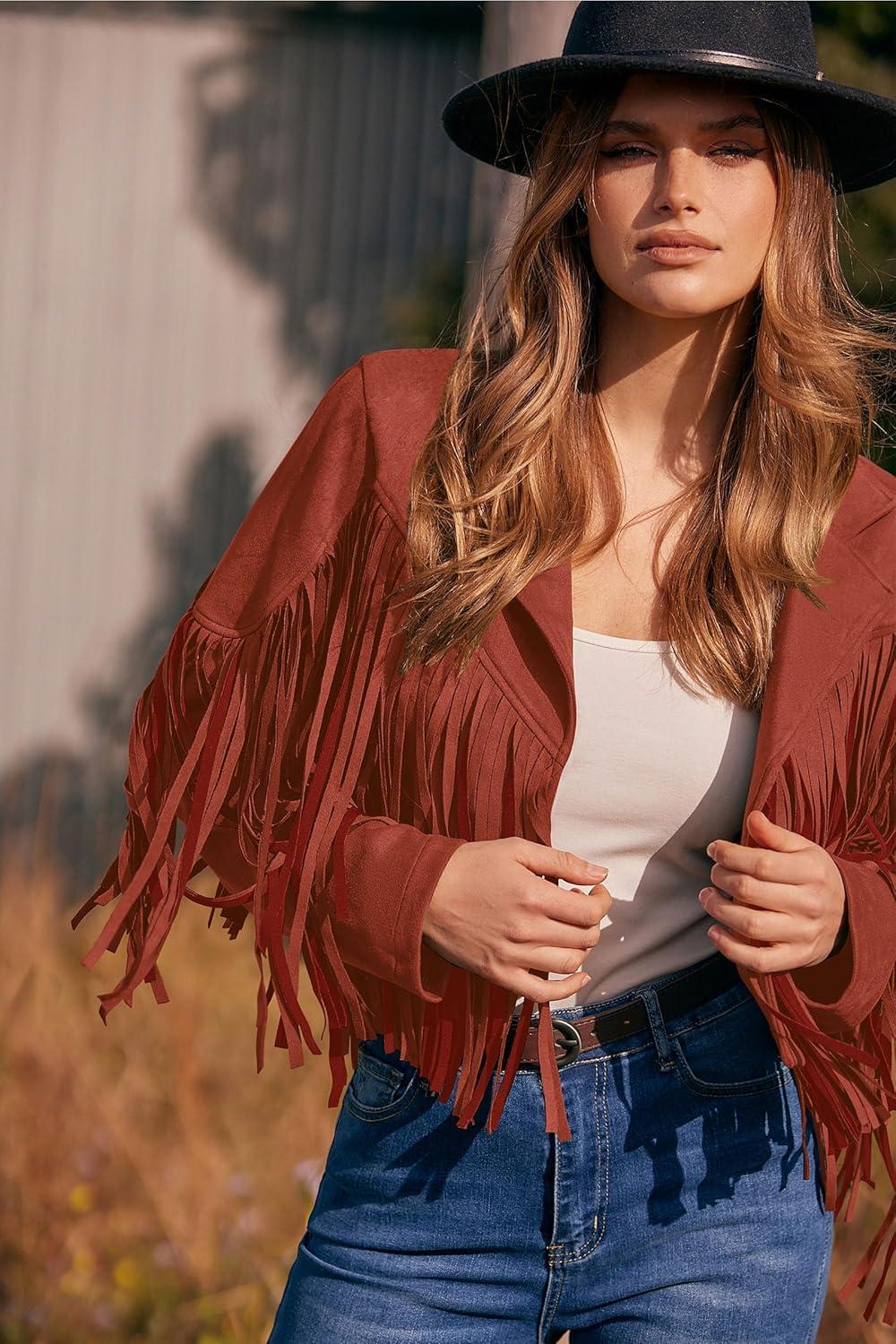 imagePRETTYGARDEN Womens Fringe Faux Suede Leather Jackets Fall Fashion 2026 Tassel Motorcycle Cropped CoatsBrick Red