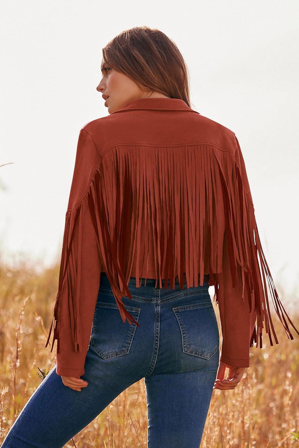 imagePRETTYGARDEN Womens Fringe Faux Suede Leather Jackets Fall Fashion 2026 Tassel Motorcycle Cropped CoatsBrick Red
