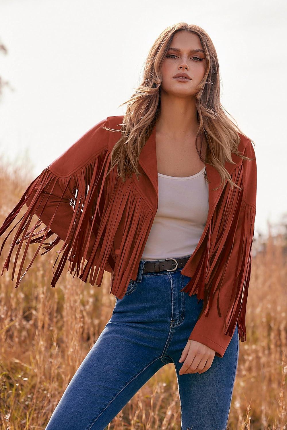 imagePRETTYGARDEN Womens Fringe Faux Suede Leather Jackets Fall Fashion 2026 Tassel Motorcycle Cropped CoatsBrick Red