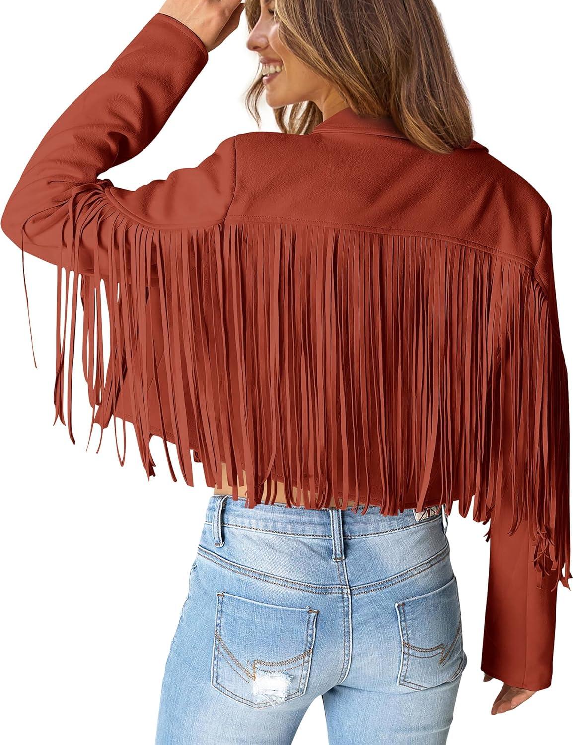 imagePRETTYGARDEN Womens Fringe Faux Suede Leather Jackets Fall Fashion 2026 Tassel Motorcycle Cropped CoatsBrick Red