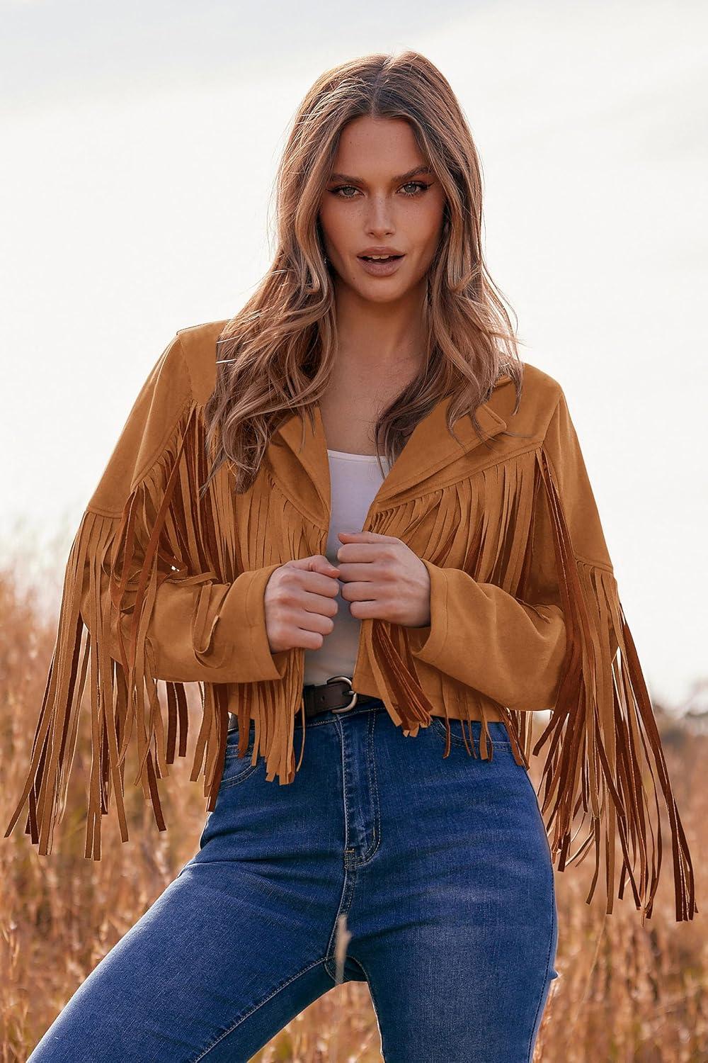 imagePRETTYGARDEN Womens Fringe Faux Suede Leather Jackets Fall Fashion 2026 Tassel Motorcycle Cropped CoatsBrown Yellow