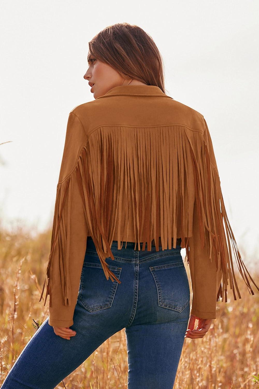 imagePRETTYGARDEN Womens Fringe Faux Suede Leather Jackets Fall Fashion 2026 Tassel Motorcycle Cropped CoatsBrown Yellow