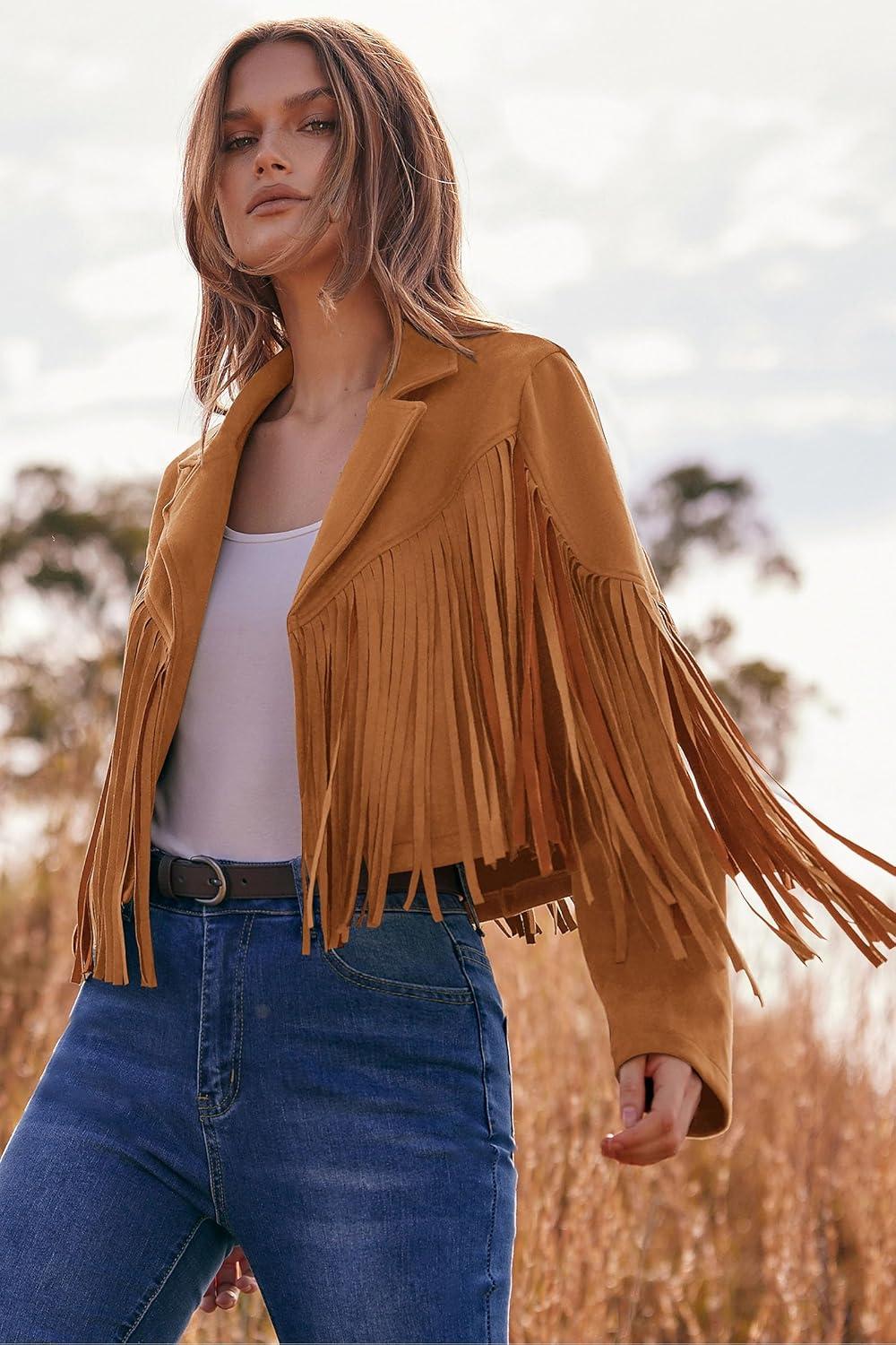 imagePRETTYGARDEN Womens Fringe Faux Suede Leather Jackets Fall Fashion 2026 Tassel Motorcycle Cropped CoatsBrown Yellow