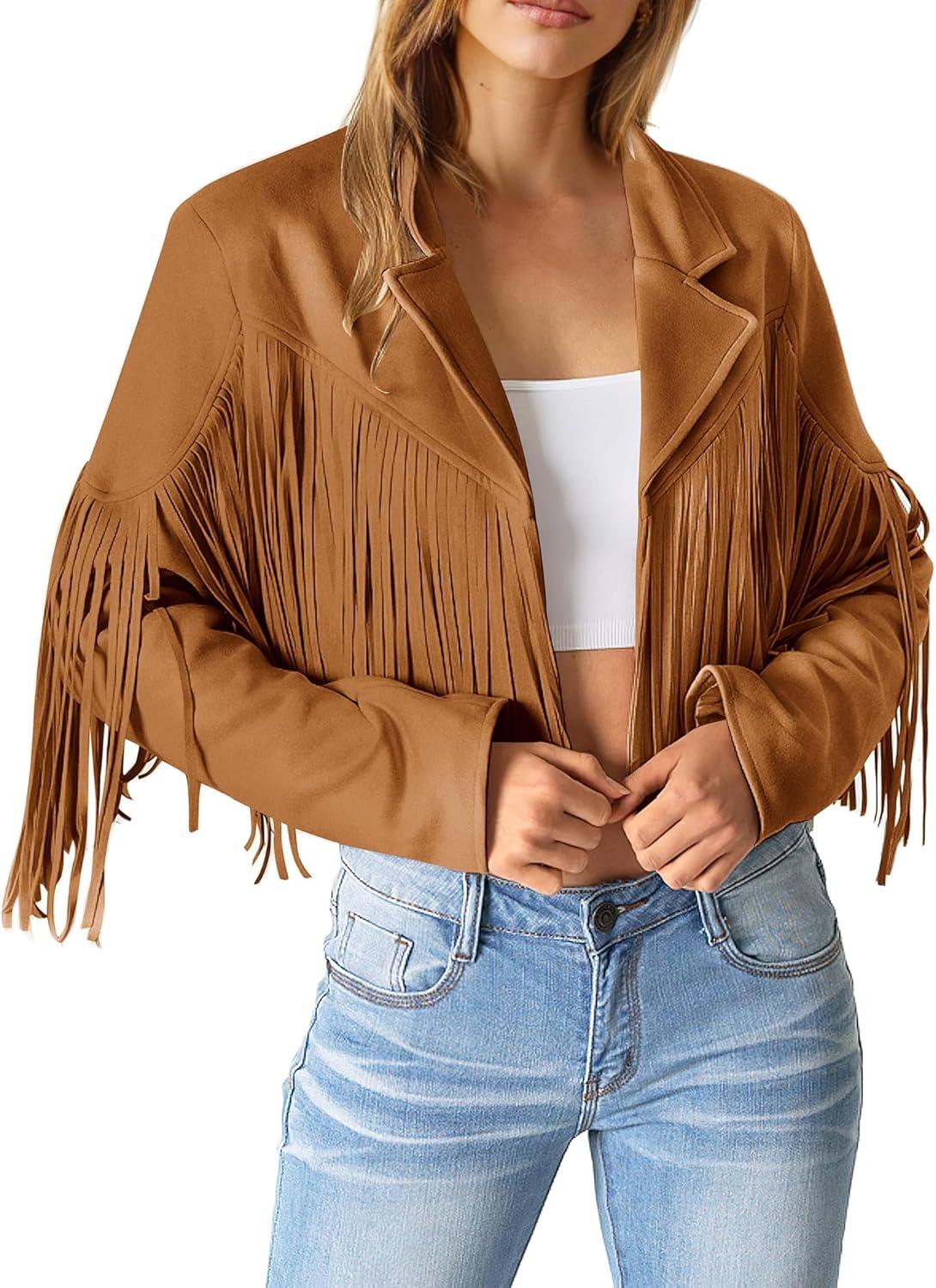 imagePRETTYGARDEN Womens Fringe Faux Suede Leather Jackets Fall Fashion 2026 Tassel Motorcycle Cropped CoatsBrown Yellow