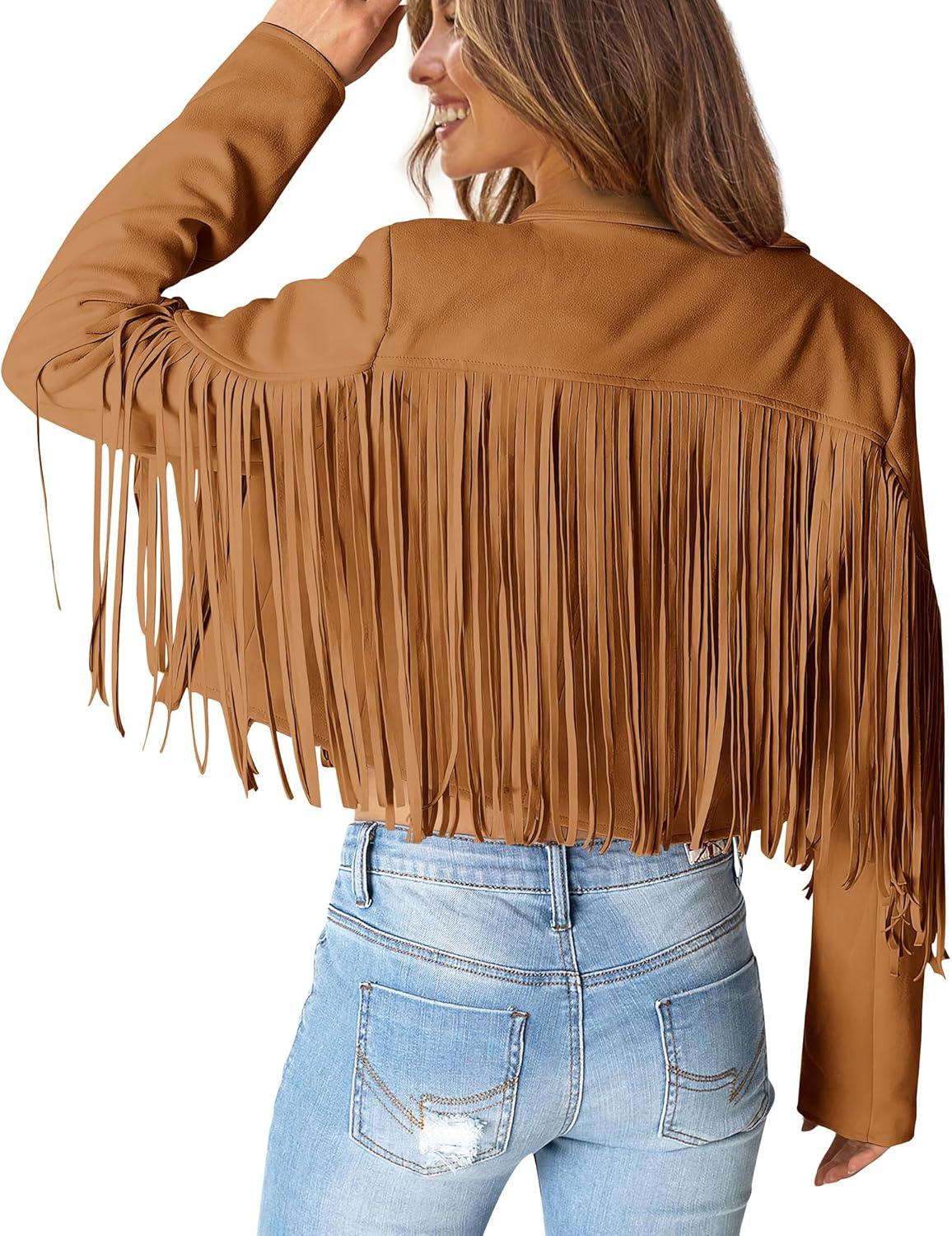 imagePRETTYGARDEN Womens Fringe Faux Suede Leather Jackets Fall Fashion 2026 Tassel Motorcycle Cropped CoatsBrown Yellow