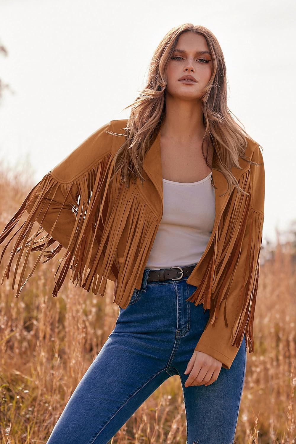 imagePRETTYGARDEN Womens Fringe Faux Suede Leather Jackets Fall Fashion 2026 Tassel Motorcycle Cropped CoatsBrown Yellow