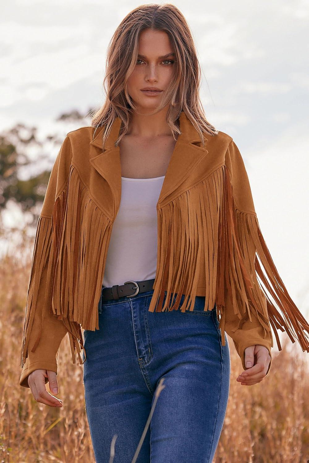imagePRETTYGARDEN Womens Fringe Faux Suede Leather Jackets Fall Fashion 2026 Tassel Motorcycle Cropped CoatsBrown Yellow