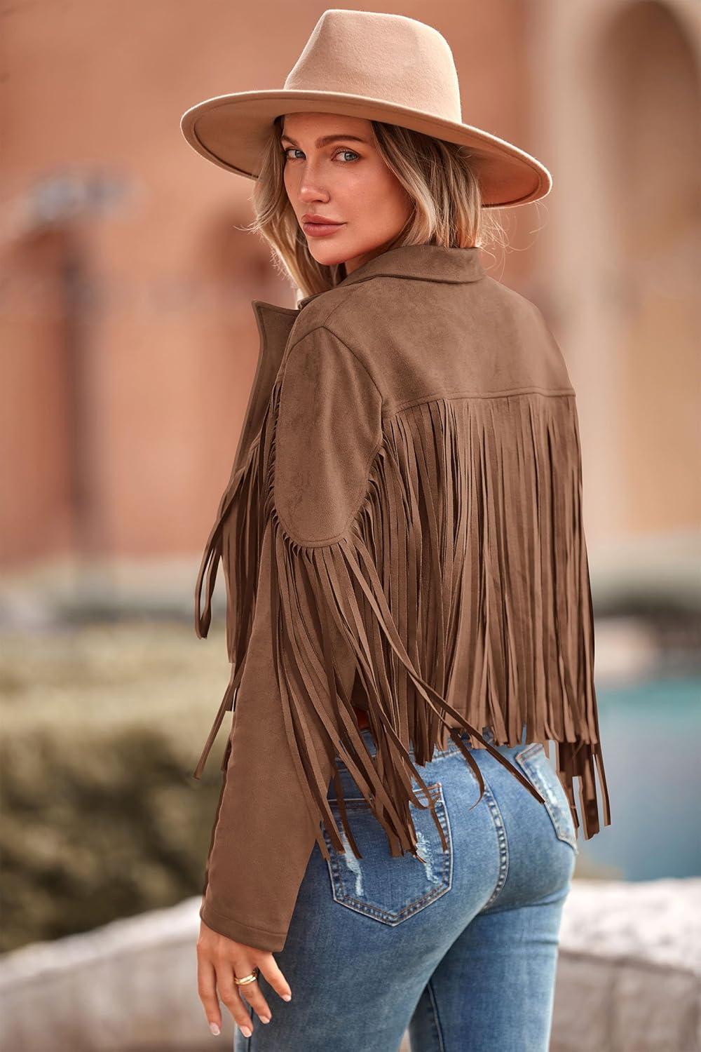 imagePRETTYGARDEN Womens Fringe Faux Suede Leather Jackets Fall Fashion 2026 Tassel Motorcycle Cropped CoatsCoffee
