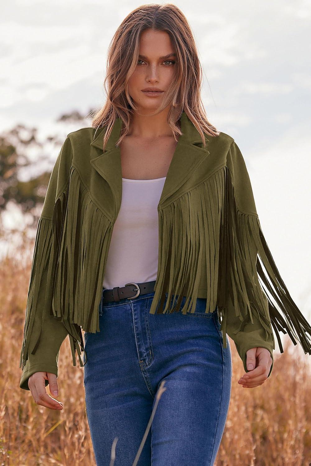 imagePRETTYGARDEN Womens Fringe Faux Suede Leather Jackets Fall Fashion 2026 Tassel Motorcycle Cropped CoatsDark Army Green