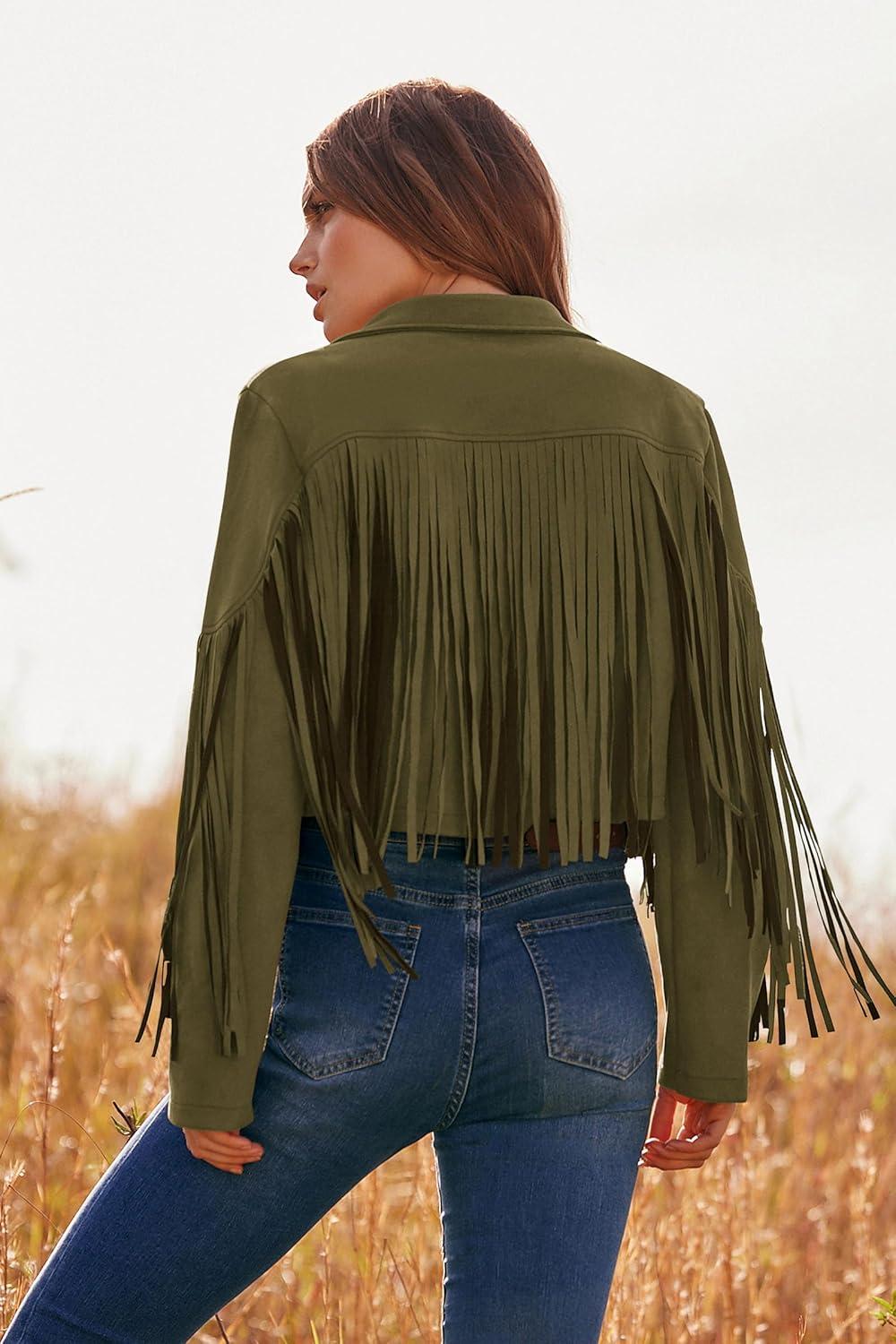 imagePRETTYGARDEN Womens Fringe Faux Suede Leather Jackets Fall Fashion 2026 Tassel Motorcycle Cropped CoatsDark Army Green