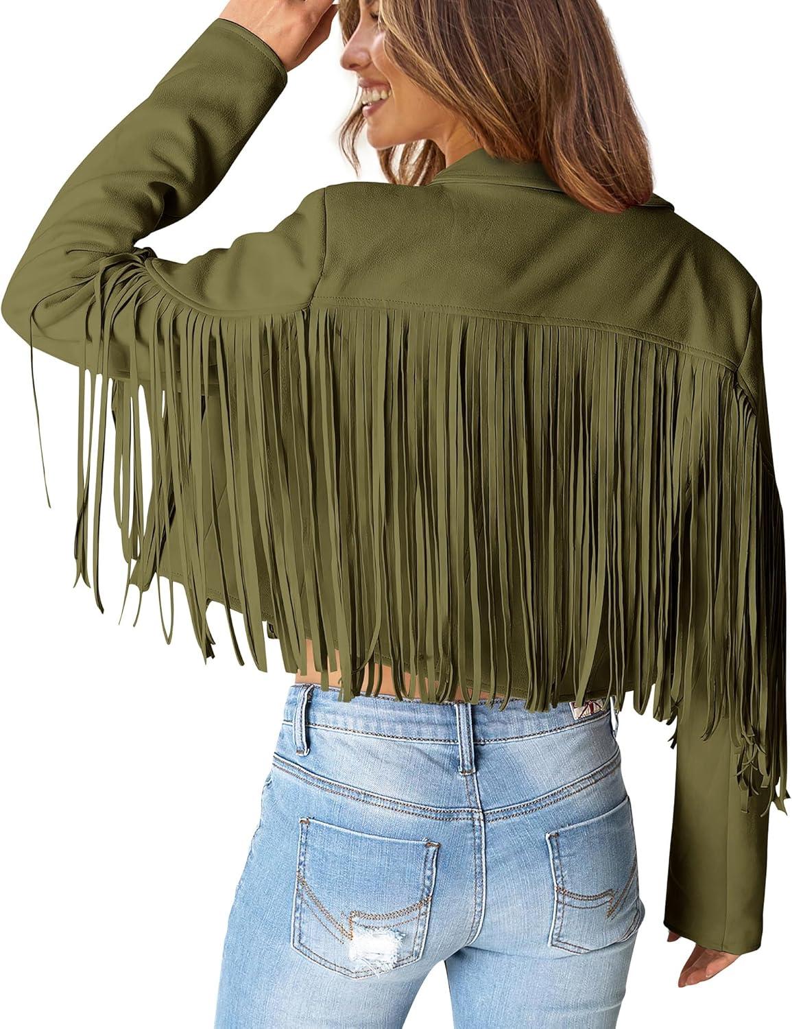 imagePRETTYGARDEN Womens Fringe Faux Suede Leather Jackets Fall Fashion 2026 Tassel Motorcycle Cropped CoatsDark Army Green