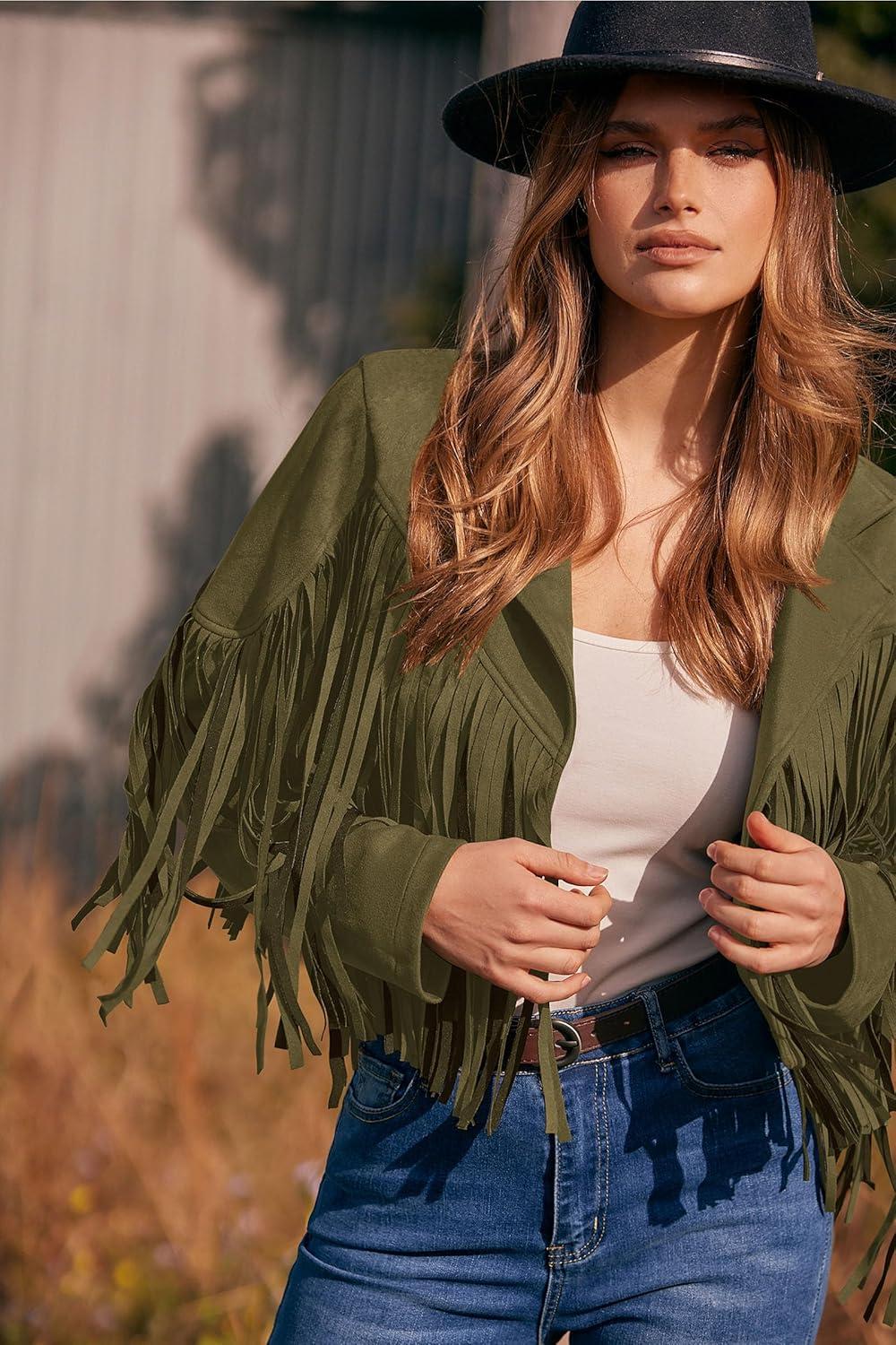 imagePRETTYGARDEN Womens Fringe Faux Suede Leather Jackets Fall Fashion 2026 Tassel Motorcycle Cropped CoatsDark Army Green