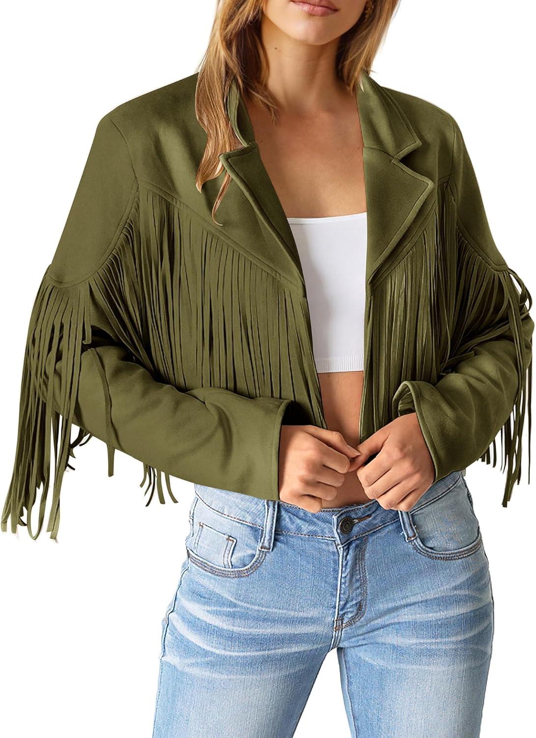 imagePRETTYGARDEN Womens Fringe Faux Suede Leather Jackets Fall Fashion 2026 Tassel Motorcycle Cropped CoatsDark Army Green