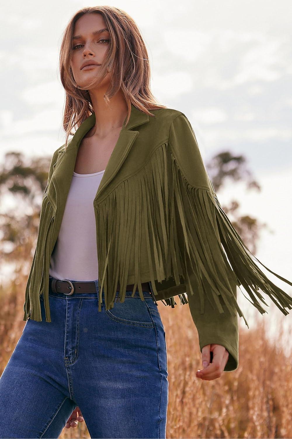 imagePRETTYGARDEN Womens Fringe Faux Suede Leather Jackets Fall Fashion 2026 Tassel Motorcycle Cropped CoatsDark Army Green