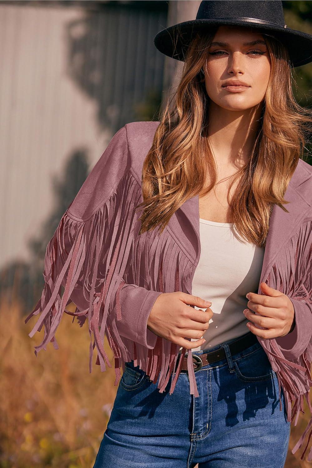 imagePRETTYGARDEN Womens Fringe Faux Suede Leather Jackets Fall Fashion 2026 Tassel Motorcycle Cropped CoatsDark Pink