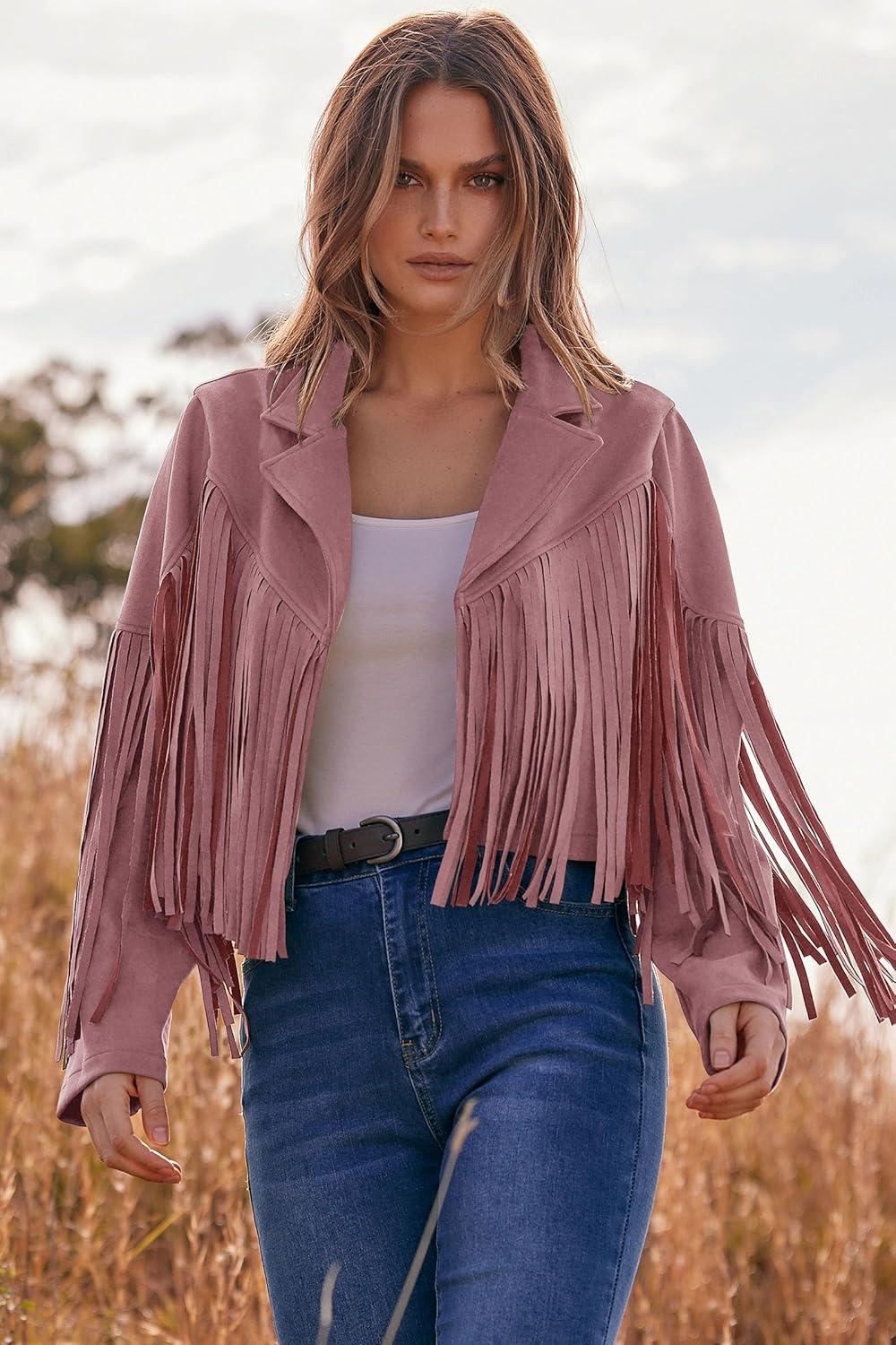 imagePRETTYGARDEN Womens Fringe Faux Suede Leather Jackets Fall Fashion 2026 Tassel Motorcycle Cropped CoatsDark Pink