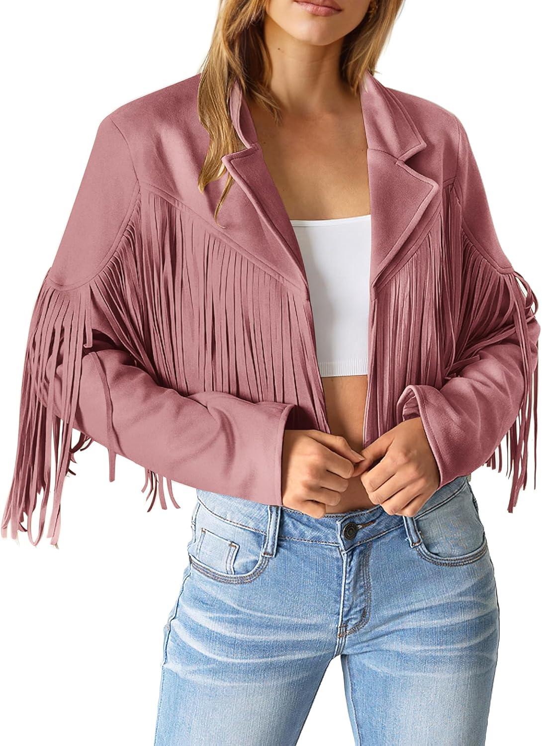 imagePRETTYGARDEN Womens Fringe Faux Suede Leather Jackets Fall Fashion 2026 Tassel Motorcycle Cropped CoatsDark Pink