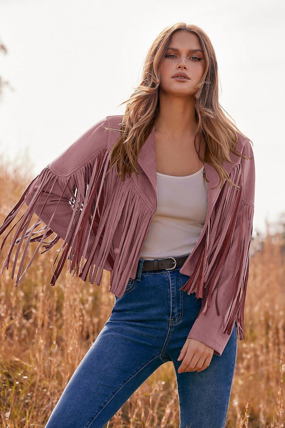 imagePRETTYGARDEN Womens Fringe Faux Suede Leather Jackets Fall Fashion 2026 Tassel Motorcycle Cropped CoatsDark Pink