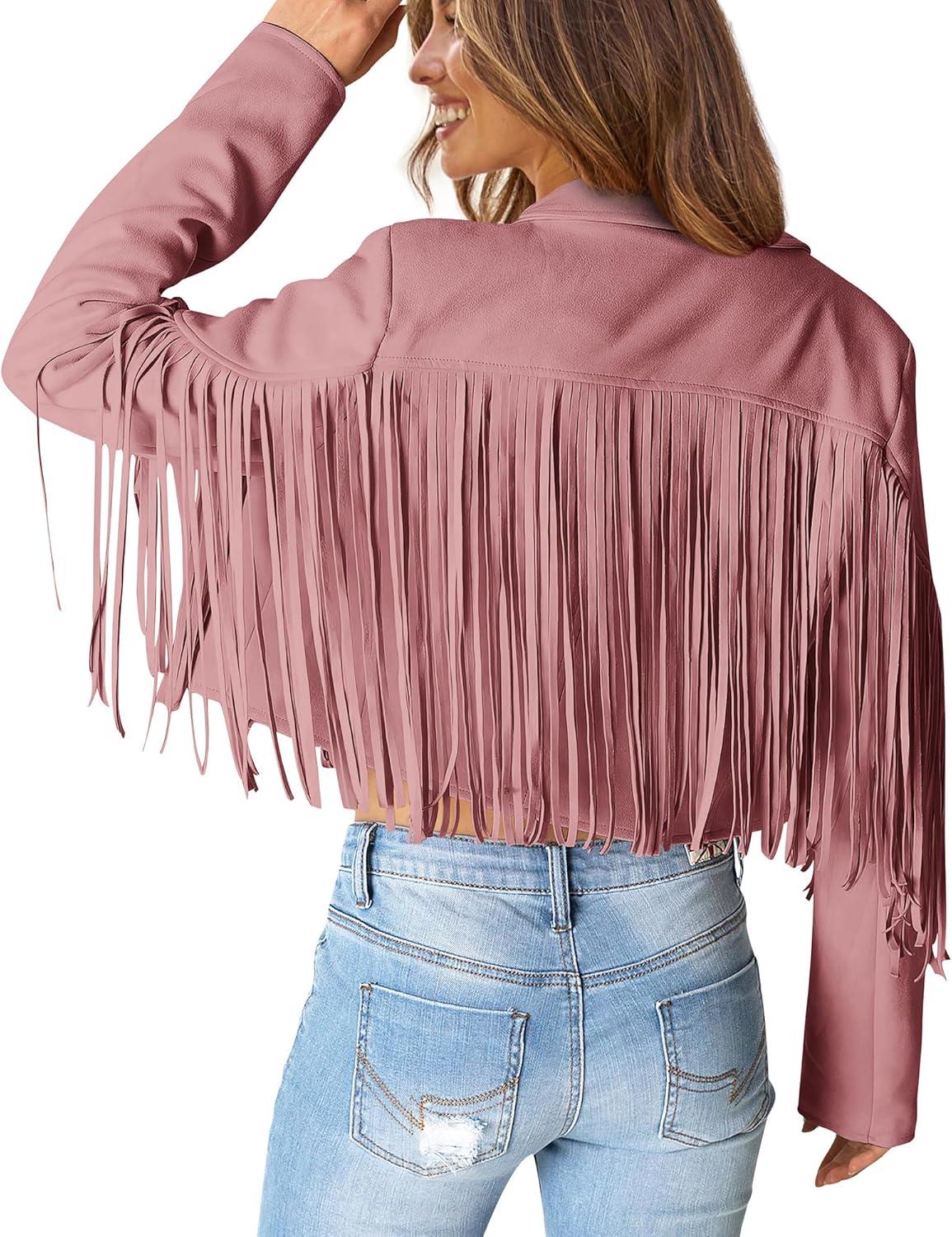 imagePRETTYGARDEN Womens Fringe Faux Suede Leather Jackets Fall Fashion 2026 Tassel Motorcycle Cropped CoatsDark Pink