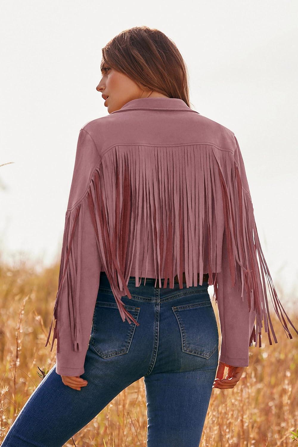 imagePRETTYGARDEN Womens Fringe Faux Suede Leather Jackets Fall Fashion 2026 Tassel Motorcycle Cropped CoatsDark Pink