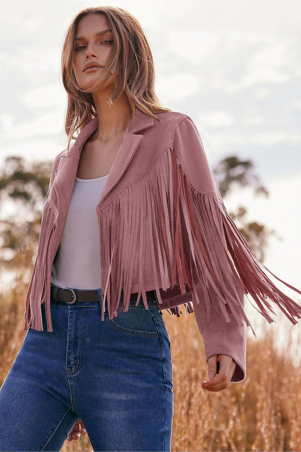 imagePRETTYGARDEN Womens Fringe Faux Suede Leather Jackets Fall Fashion 2026 Tassel Motorcycle Cropped CoatsDark Pink