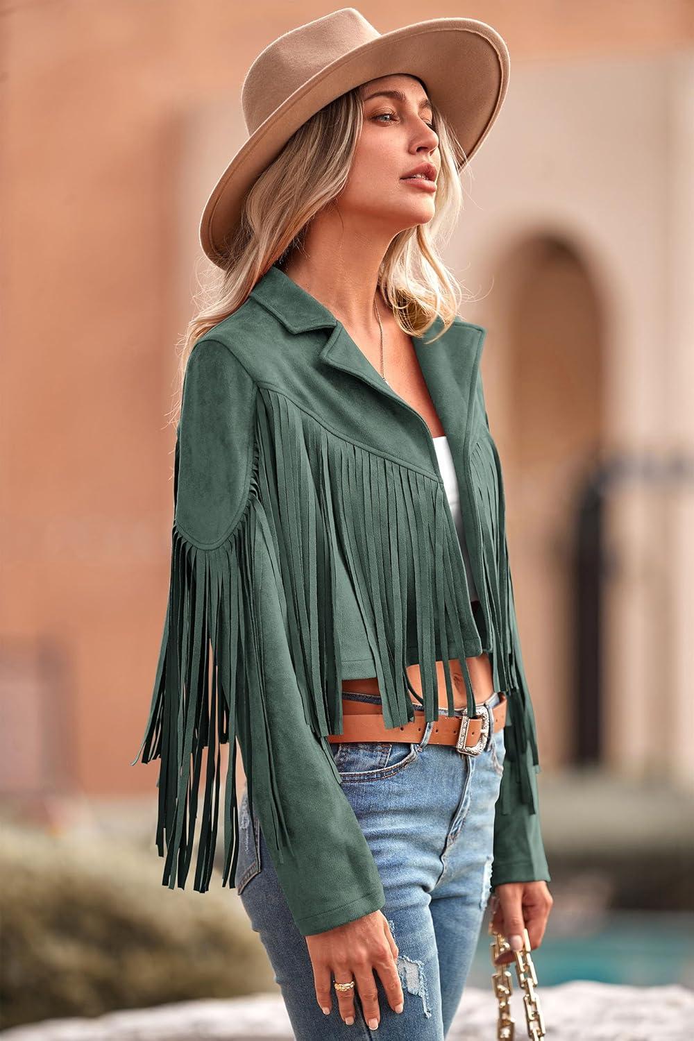 imagePRETTYGARDEN Womens Fringe Faux Suede Leather Jackets Fall Fashion 2026 Tassel Motorcycle Cropped CoatsGreen