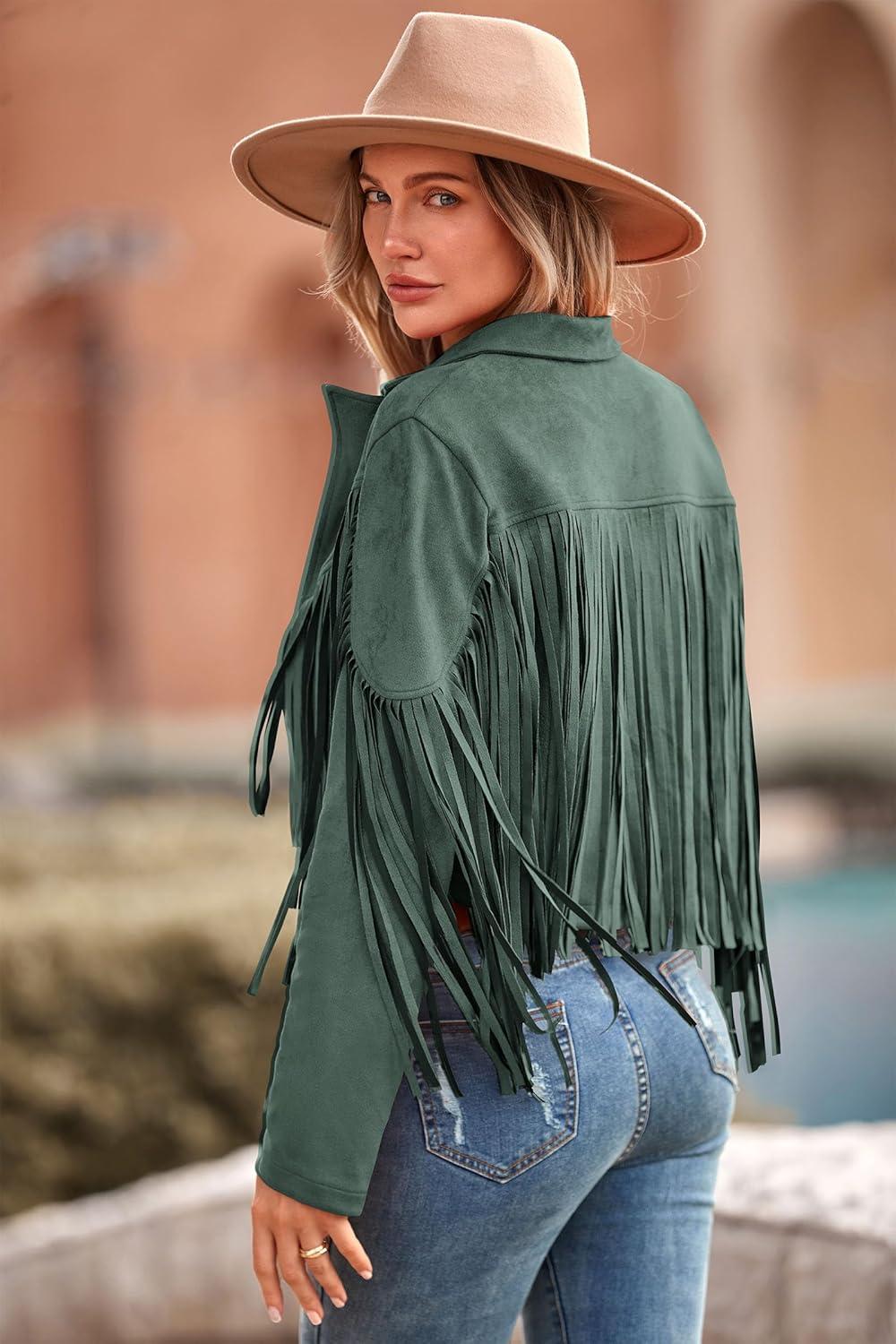 imagePRETTYGARDEN Womens Fringe Faux Suede Leather Jackets Fall Fashion 2026 Tassel Motorcycle Cropped CoatsGreen