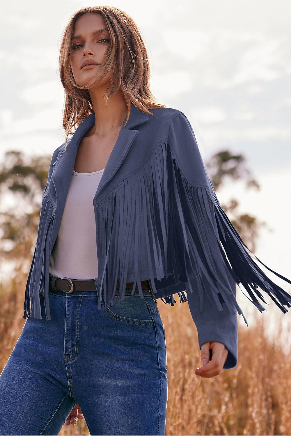 imagePRETTYGARDEN Womens Fringe Faux Suede Leather Jackets Fall Fashion 2026 Tassel Motorcycle Cropped CoatsHaze Blue