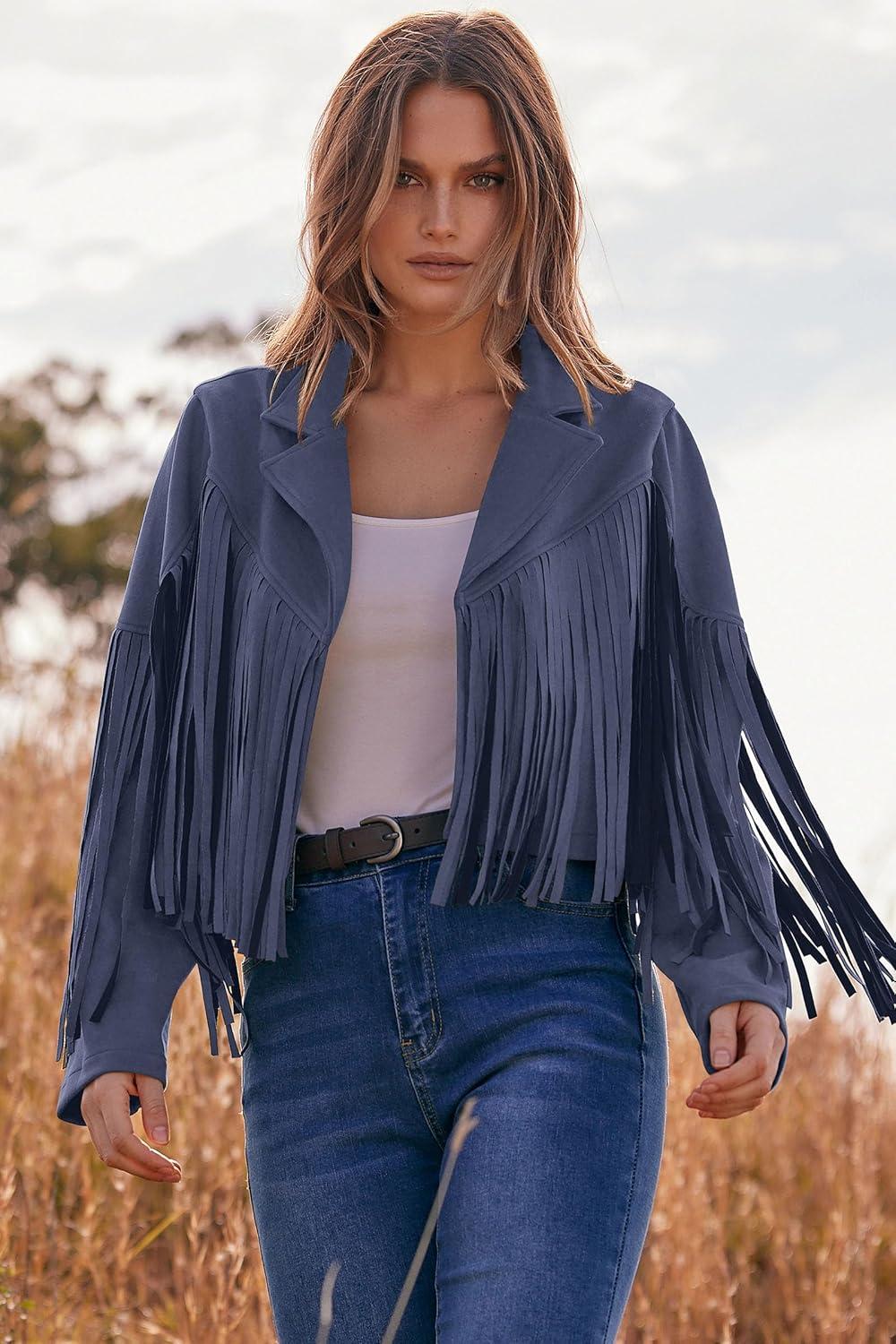imagePRETTYGARDEN Womens Fringe Faux Suede Leather Jackets Fall Fashion 2026 Tassel Motorcycle Cropped CoatsHaze Blue
