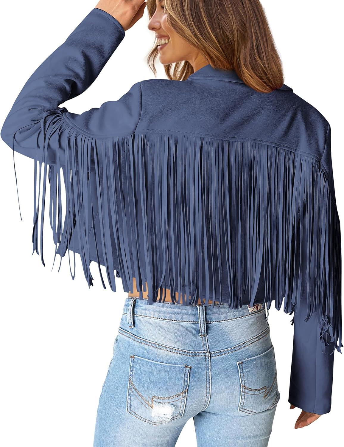 imagePRETTYGARDEN Womens Fringe Faux Suede Leather Jackets Fall Fashion 2026 Tassel Motorcycle Cropped CoatsHaze Blue